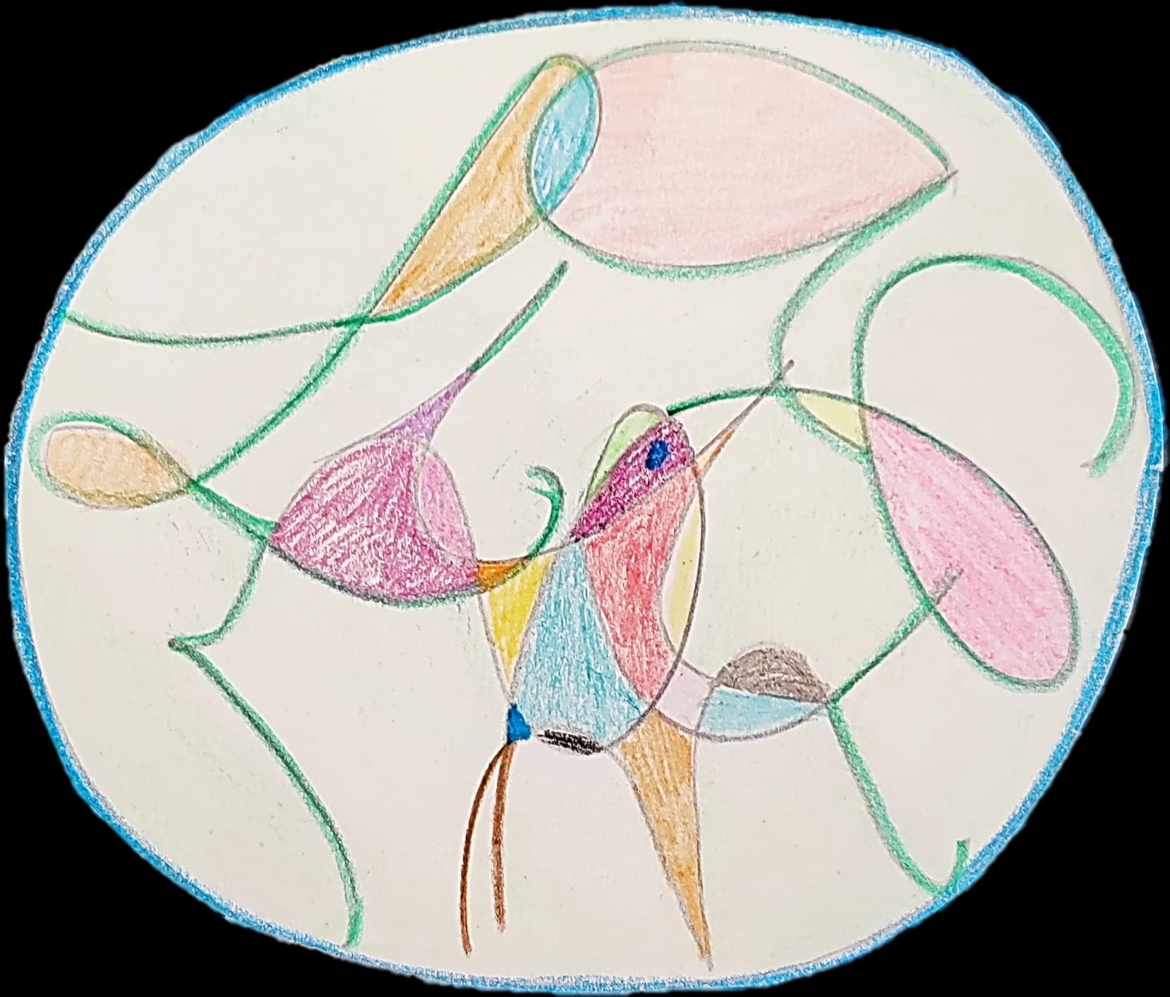 Mandala aux crayons de couleur : les lettres du prénom tracées en boucles dans un cercle bleu, coloriées par plages rose, orange, bleu et vert