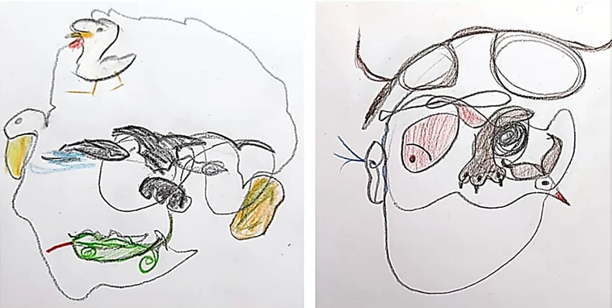 Deux portraits dessinés en duo, côte à côte : chacun a dessiné l'autre d'un trait continu, rehaussé de couleurs