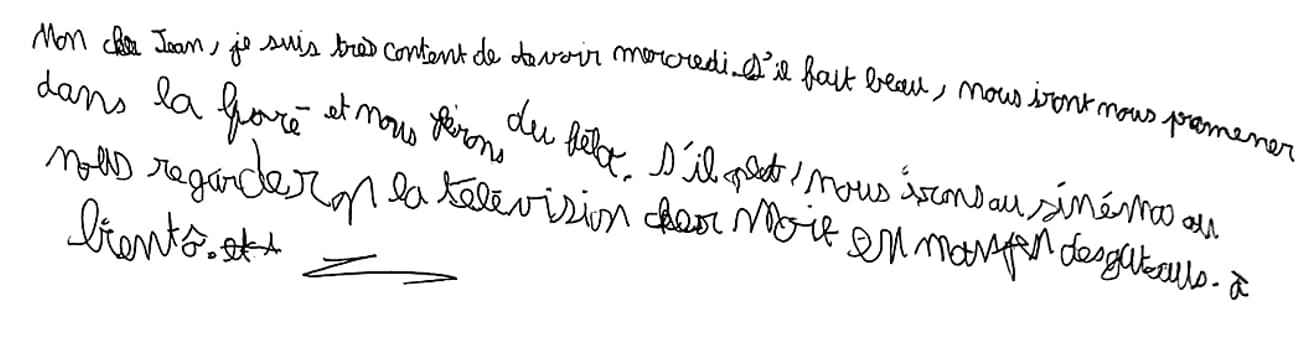 Quelques lignes manuscrites d’un enfant dysgraphique : lettres déformées et inégales, mots tantôt serrés tantôt espacés, lignes qui montent vers la droite.